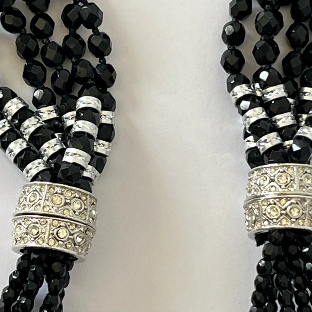Amazing Vintage Black Beaded Multi Strap Long Tassel Necklace Art Deco Flapper